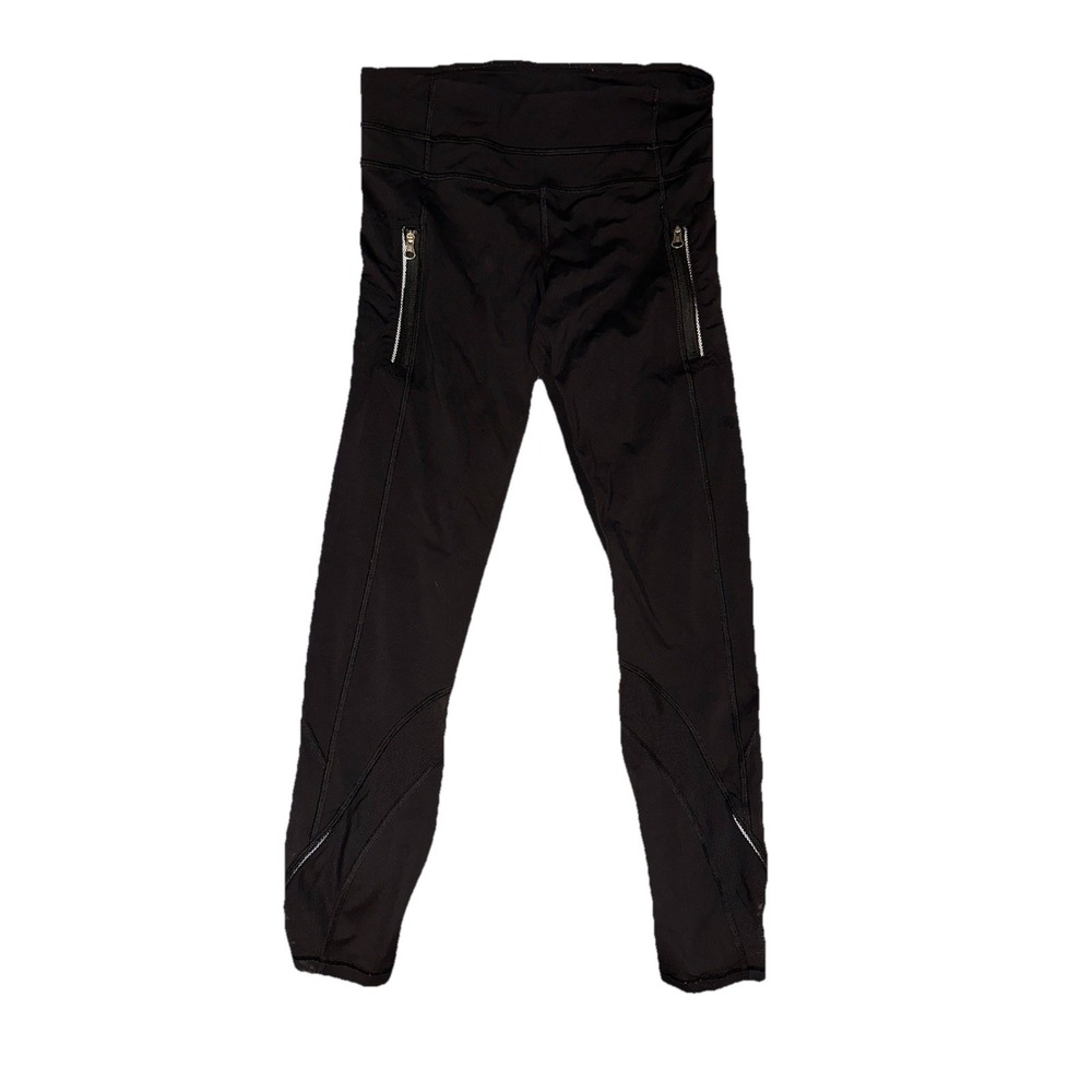 Lululemon Crop Leggings Womens Size 4 Black With Front Zipper Pockets & Mesh‎